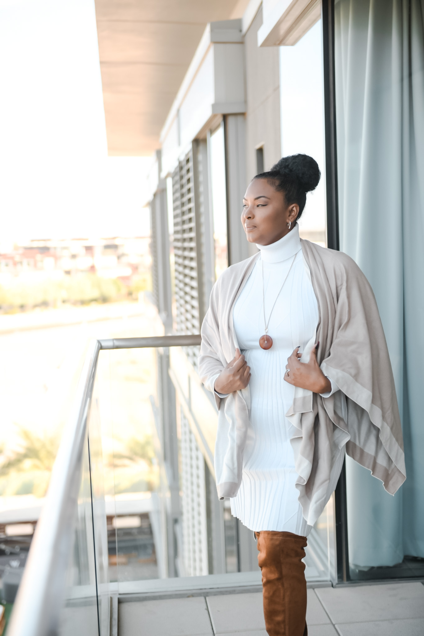 Elegant Neutral Tones Outfit with Sweater Dress and Designer Bag